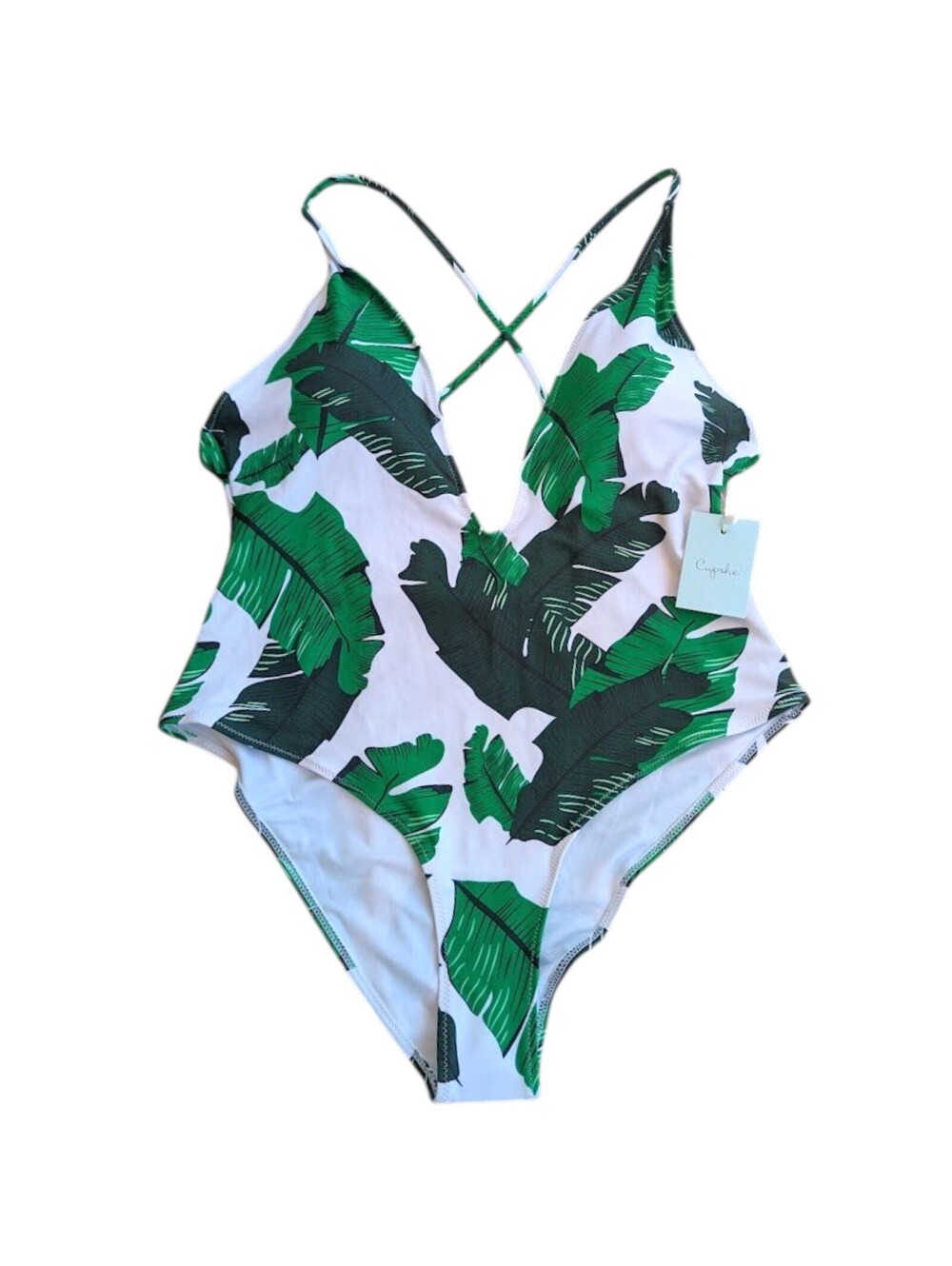 Cupshe One Piece Swimsuit XXL Green White Tropical Leaf Print Crisscross nwt New
